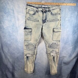 Refinery Republic Mens Moto Cargo Jeans Light Acid Wash Distressed Slim Fit 36